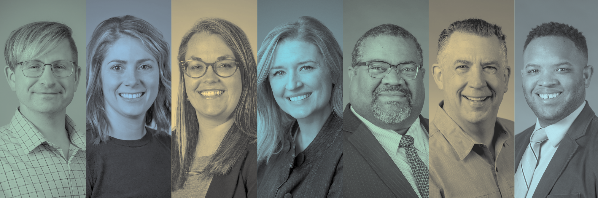 A row of seven headshots of CareOregon leaders and staff who spoke at various events or were interviewed about our work.