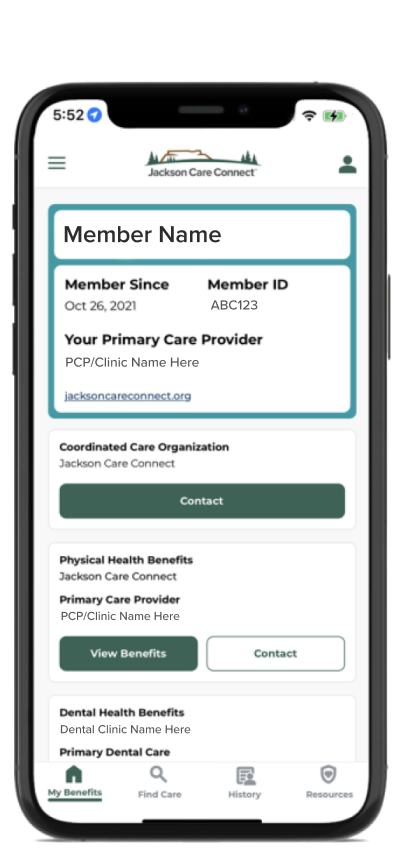 A smart phone with the MyCareOregon mobile app, displaying a Jackson Care Connect member ID card.