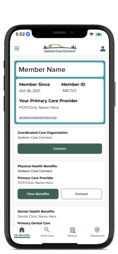 Un teléfono inteligente con la aplicación móvil MyCareOregon que muestra una tarjeta de id. de miembro de Jackson Care Connect.