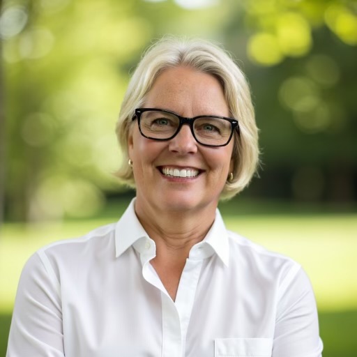 Image of a smiling woman with classes and blonde hair